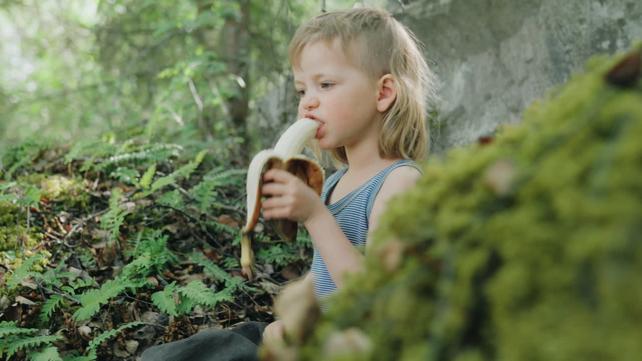Adorable European child eats banana sitting in woods among ferns and mosses