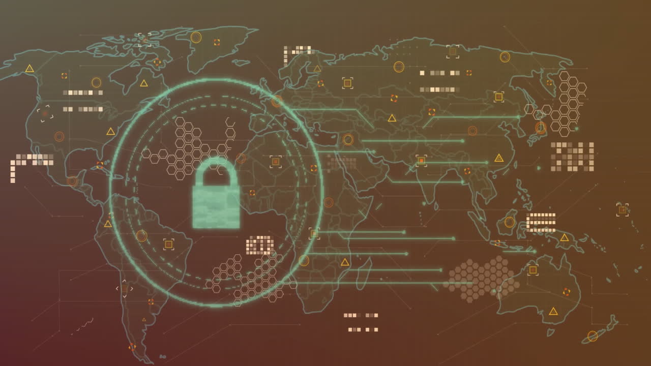 animación del icono del candado con procesamiento de datos sobre el mapa del mundo en fondo negro