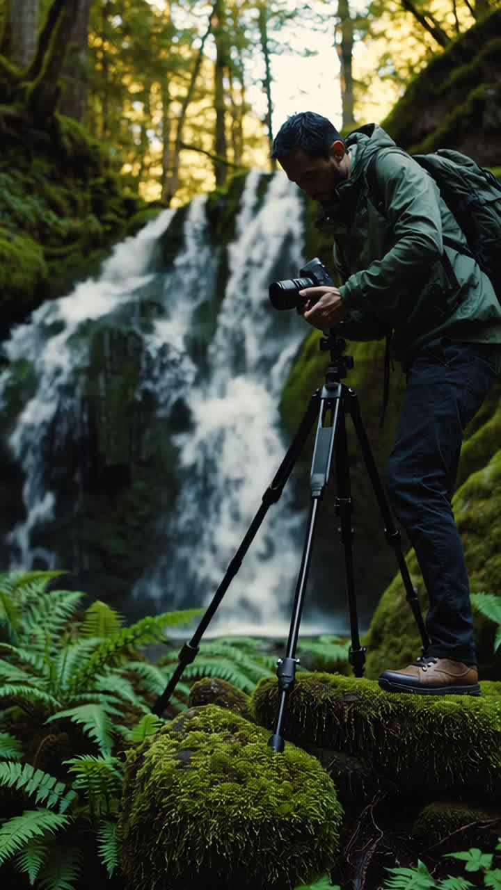 Photographer capturing waterfall in forest