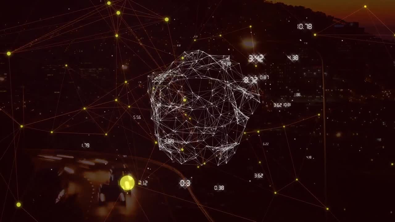 Animation of network of connections with shape over cityscape