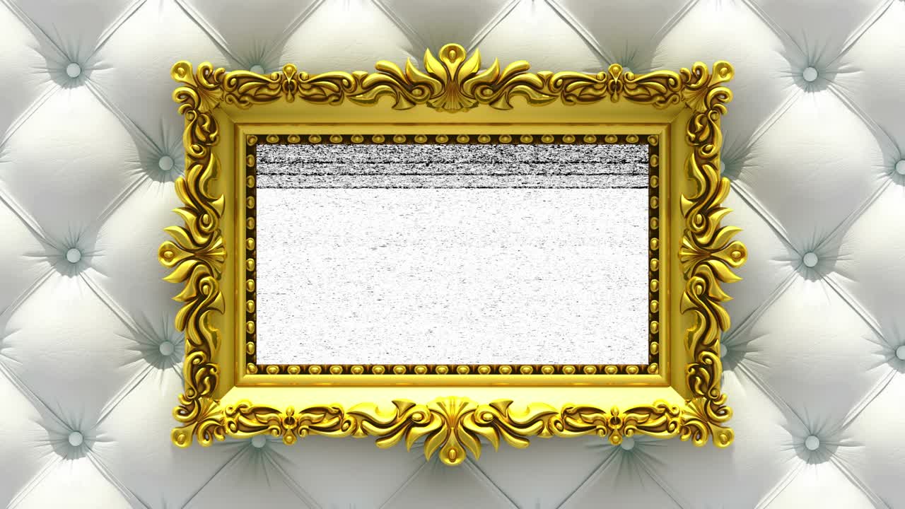 배경에 색 럭셔리 가죽, tv 소음과 녹색 크로마 키가 장식 된 금색 그림 프레임에서 화면에서 재생됩니다.