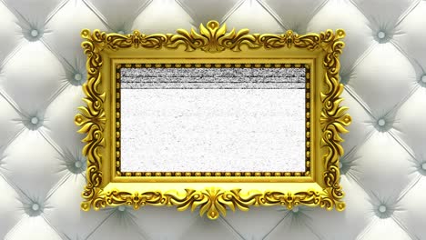 tapicería de lujo blanca en el fondo. ruido de la televisión y tecla de croma verde juega en la pantalla en el marco de la imagen de oro adornado. intro animado en 3d.