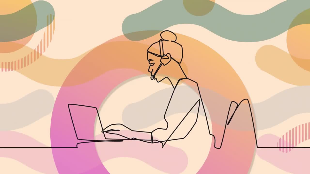 Animation of drawing of businesswoman using phone headset over shapes moving