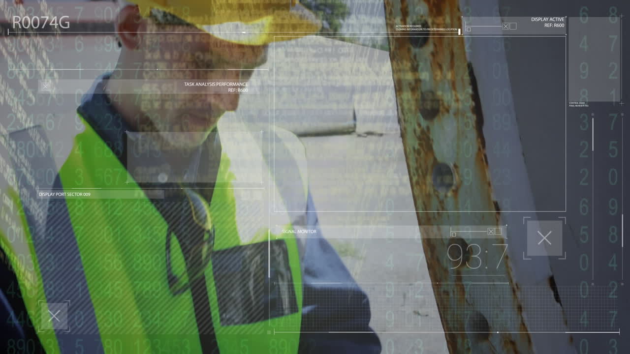 animación de la pantalla con procesamiento de datos sobre el constructor masculino caucásico comprobando la construcción