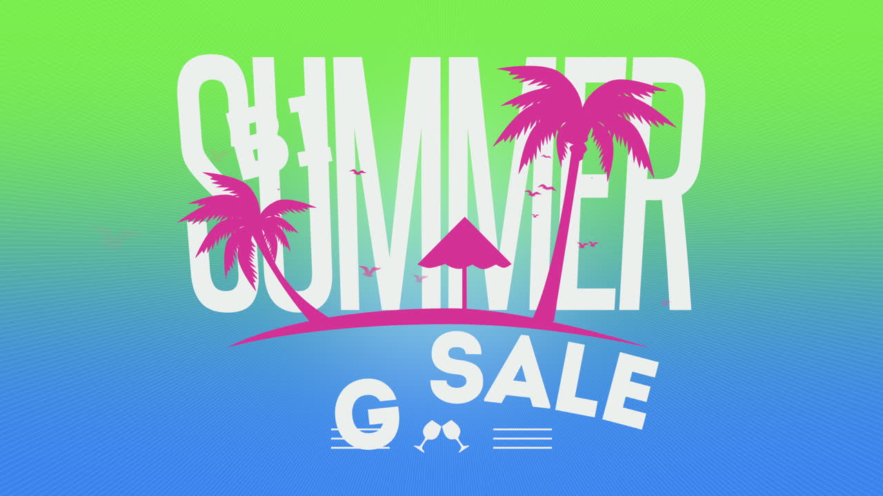 ハエの鳥とビーチでヤシの木と夏の大セール