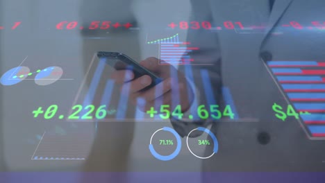 Animación-De-Un-Hombre-De-Negocios-Usando-Un-Teléfono-Inteligente-Con-Procesamiento-De-Datos-Financieros