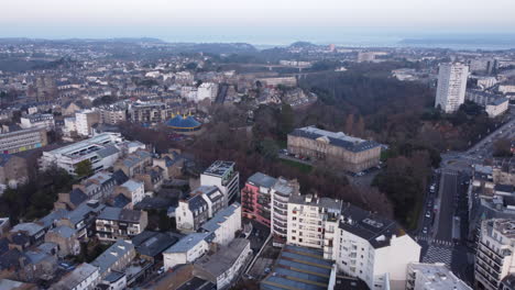 Saint-Brieuc-in-Brittany,-France,-Aerial-Cityscape-Forward-Flight