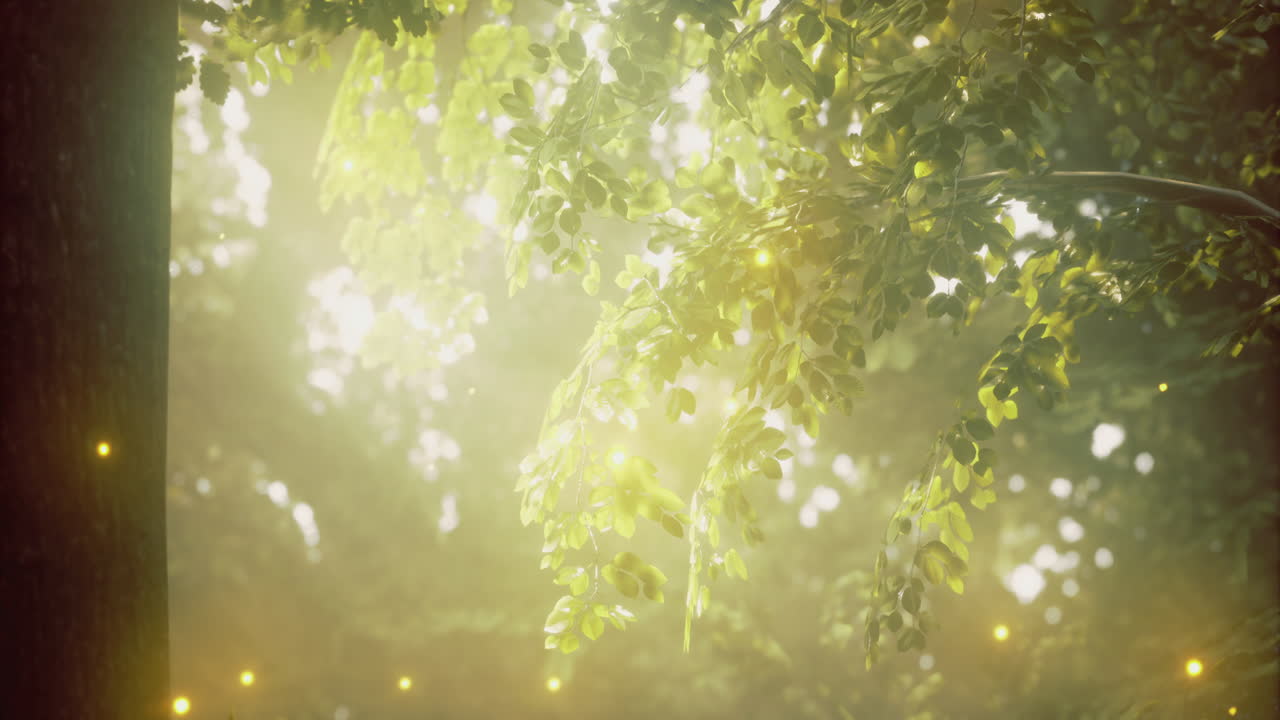 Sunlight filtering through lush green leaves in a serene forest setting