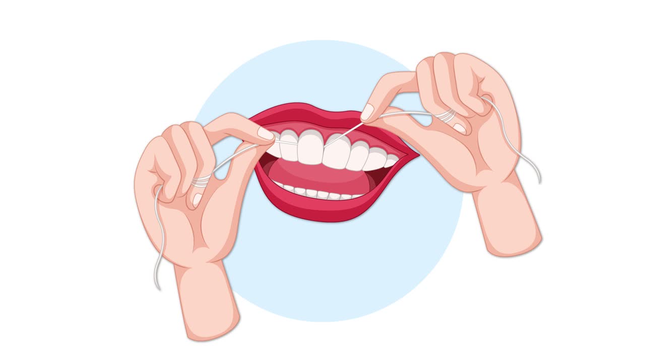 Hands use dental floss between upper teeth in a looping animation. Clean, flat vector style with bright lighting and a centered, isolated composition