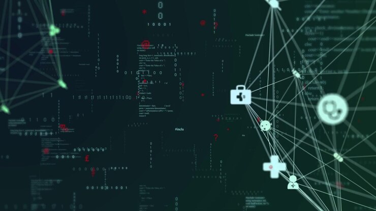 Camera panning right zooming graph lighting nodes links icons pulsing showing medical and user ties