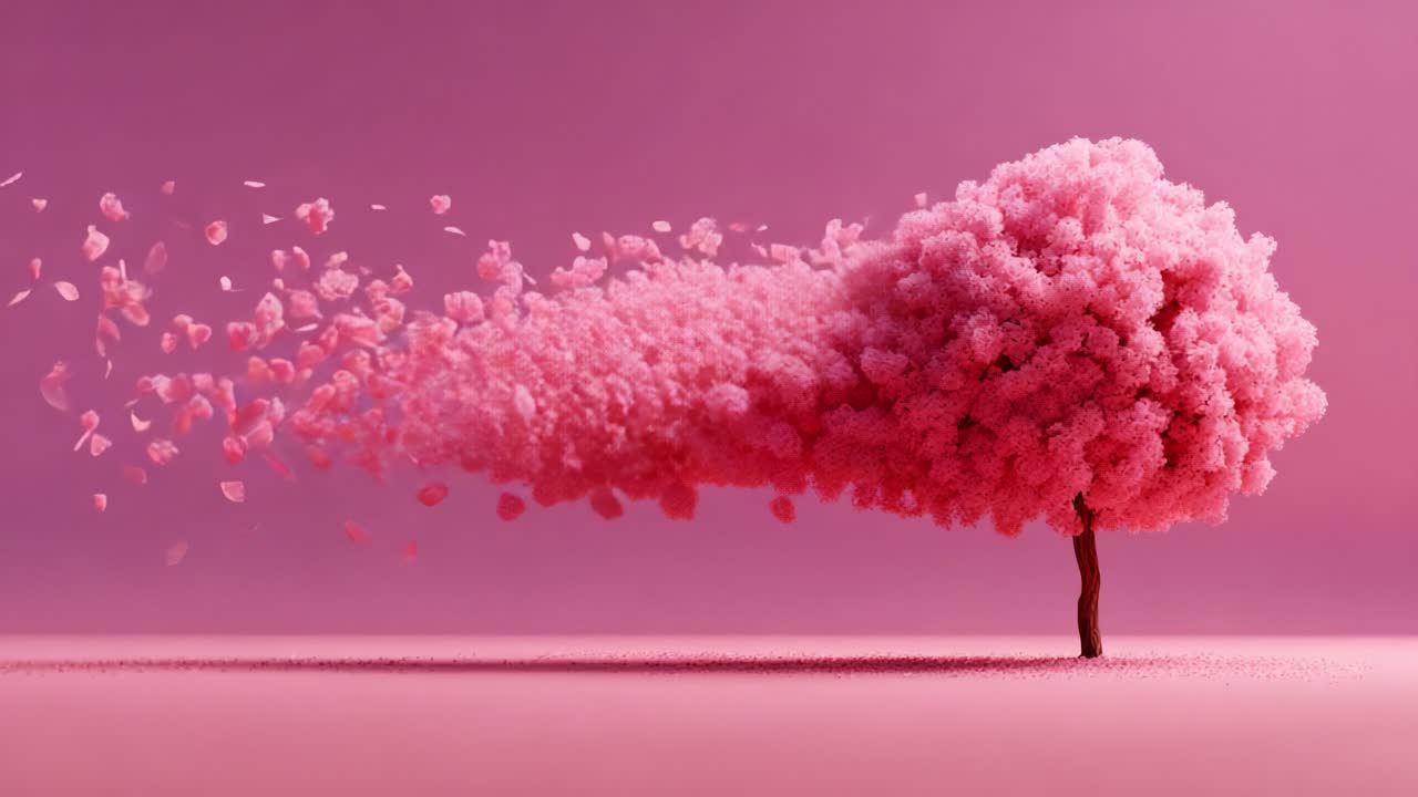 A mesmerizing pink tree stands gracefully against a vibrant pink backdrop, capturing the fleeting beauty of nature as delicate petals scatter in the gentle breeze, evoking tranquility