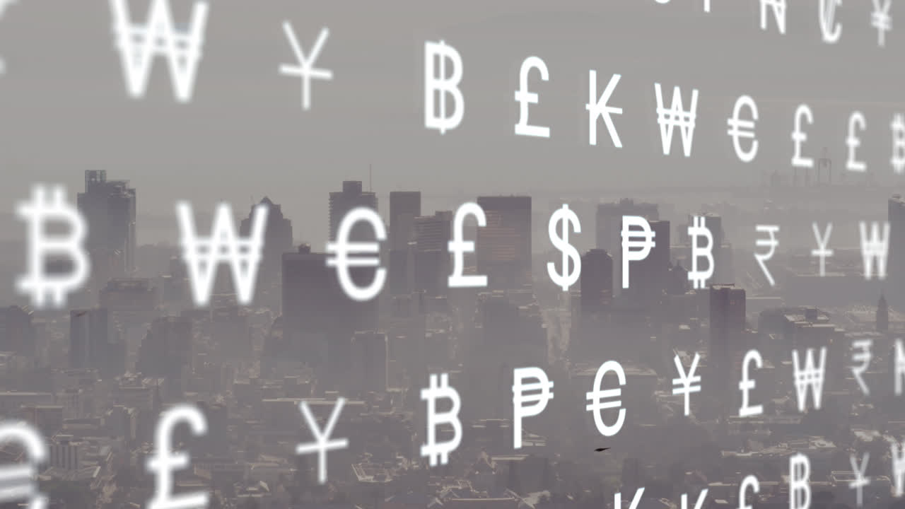 통화 기호의 애니메이션과 도시 풍경에 대한 금융 데이터 처리