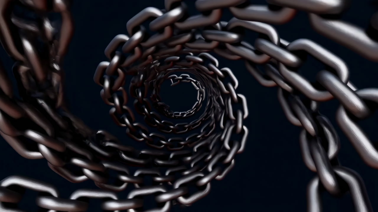 Dark Metallic Chains Spiral Into Vortex, Reflective Steel Links Twist Into Tunnel, Moody Lighting, Heavy
