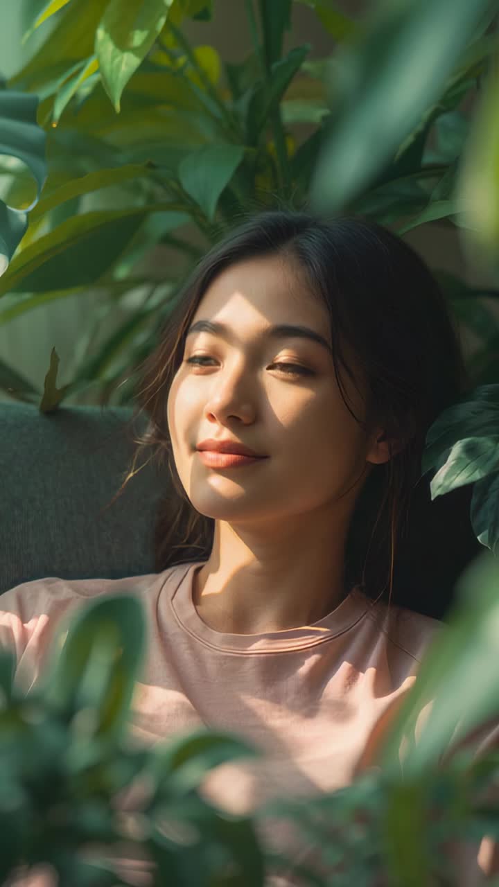 Vertical video: Following sunbeam, Asian woman lifting gaze in pink t-shirt on sofa amid plants
