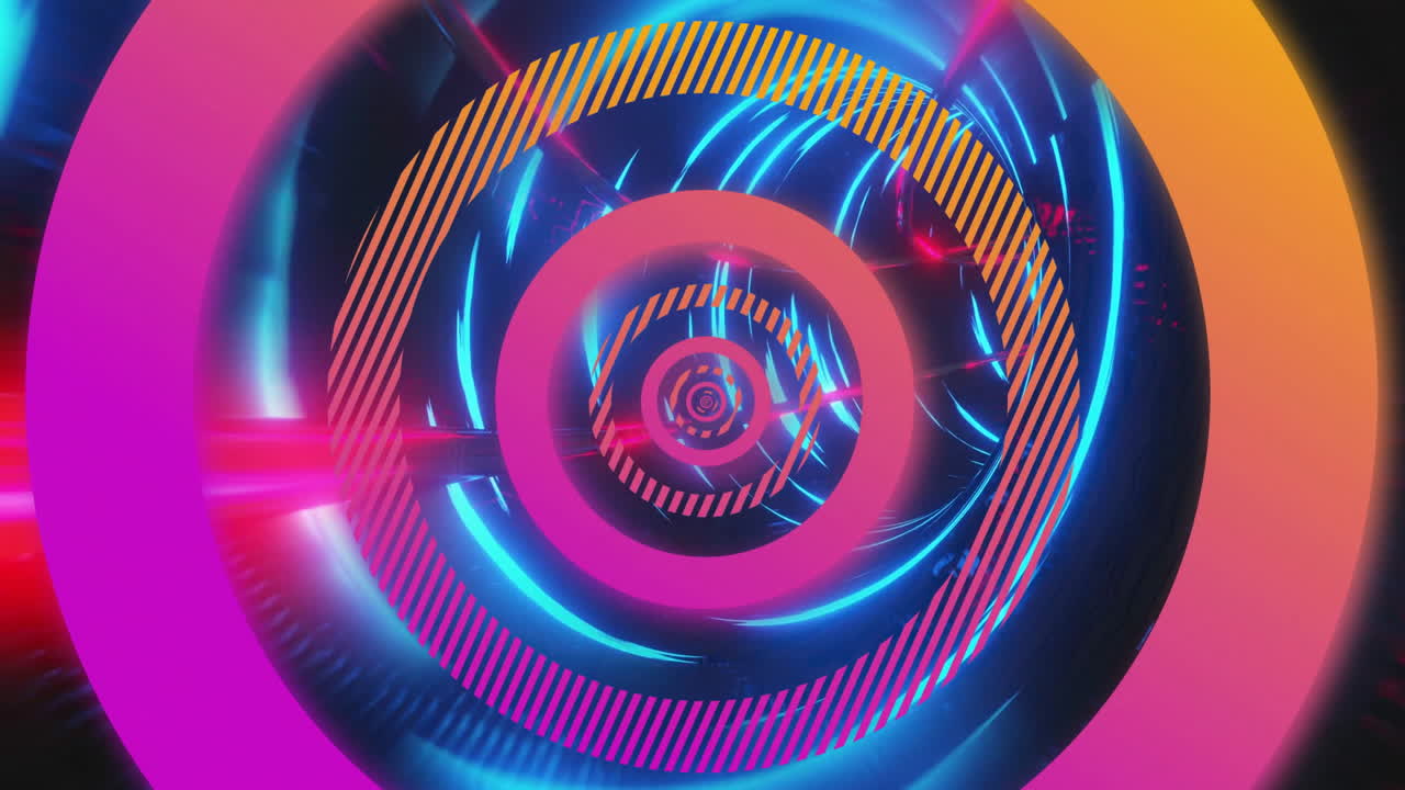 animación de círculos que se mueven sobre un túnel digital sobre un fondo negro