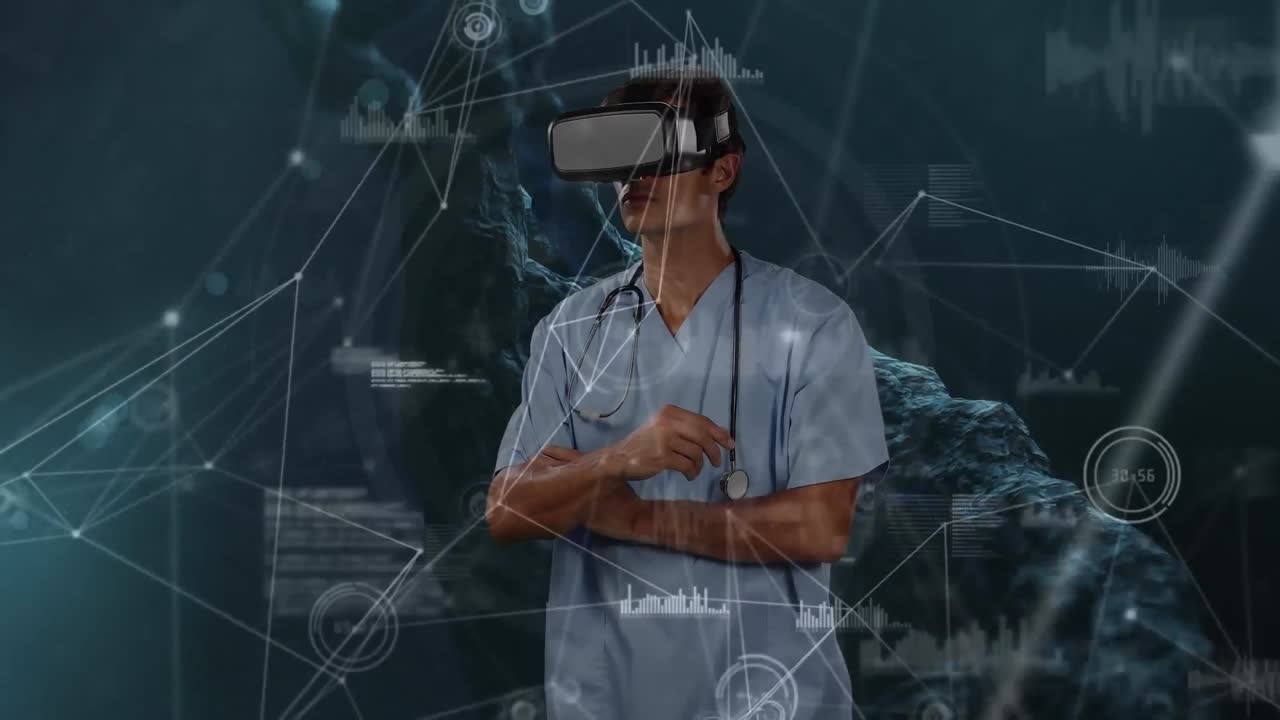 Animation of a doctor using a VR headset over statistics showing in the background.