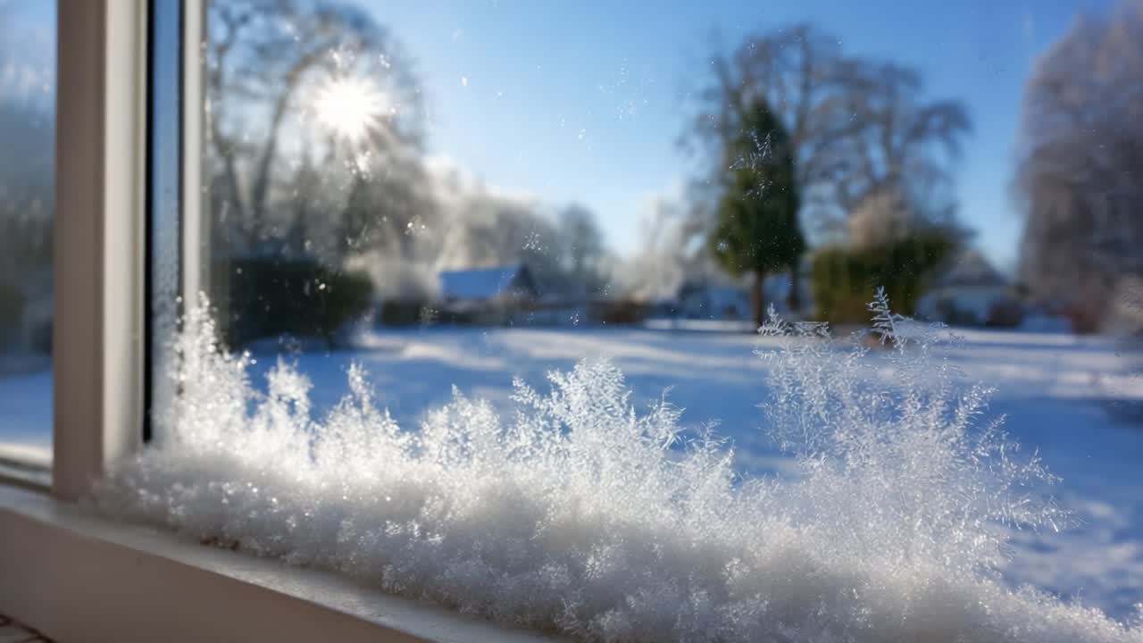 A Serene Winter Scene Captured Through a Window with Delicate Snowflakes Adorning the Sill, Glimmering in the Soft Morning Light, Embracing the Beauty of Nature's Frozen Artistry
