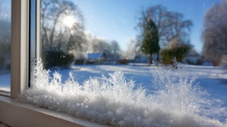A Serene Winter Scene Captured Through a Window with Delicate Snowflakes Adorning the Sill, Glimmering in the Soft Morning Light, Embracing the Beauty of Nature's Frozen Artistry
