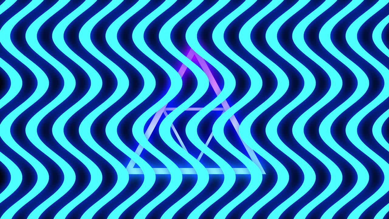 animación de múltiples líneas onduladas azules de neón brillantes que se mueven sobre triángulos púrpuras en un bucle sin costuras