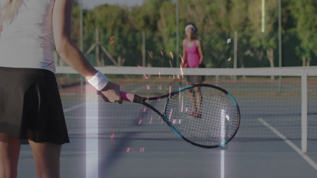 Female tennis players hitting ball on outdoor court for sports, showing animated racket speed graph