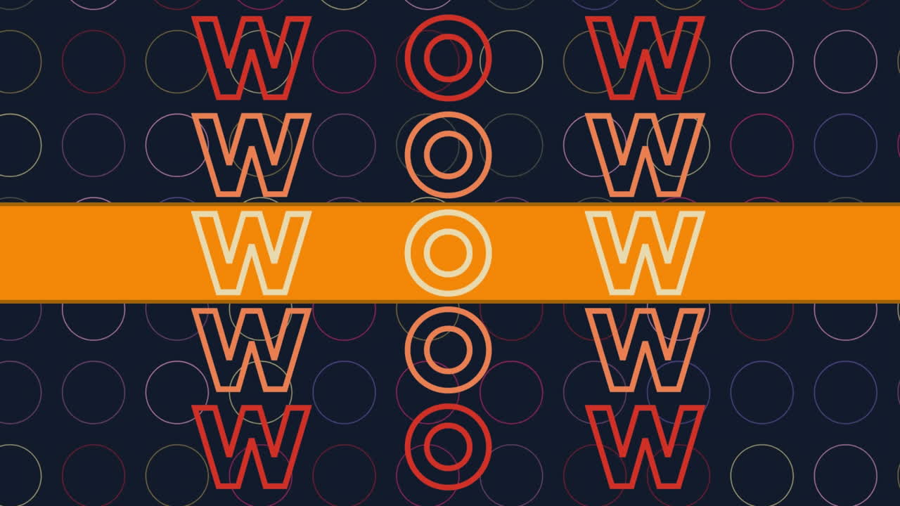 검은색 배경의 다채로운 원 위에 반복되는 와우 텍스트의 애니메이션