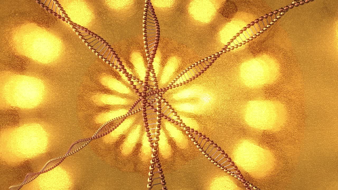 Golden geometric background with swirls of DNA molecules. 3D rendering loop 4k