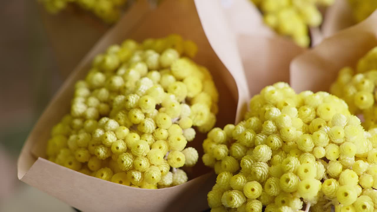 Smooth right-to-left dolly shot showcasing bundles of yellow dried Helichrysum (Strawflower) bouquets displayed in a rustic flower shop