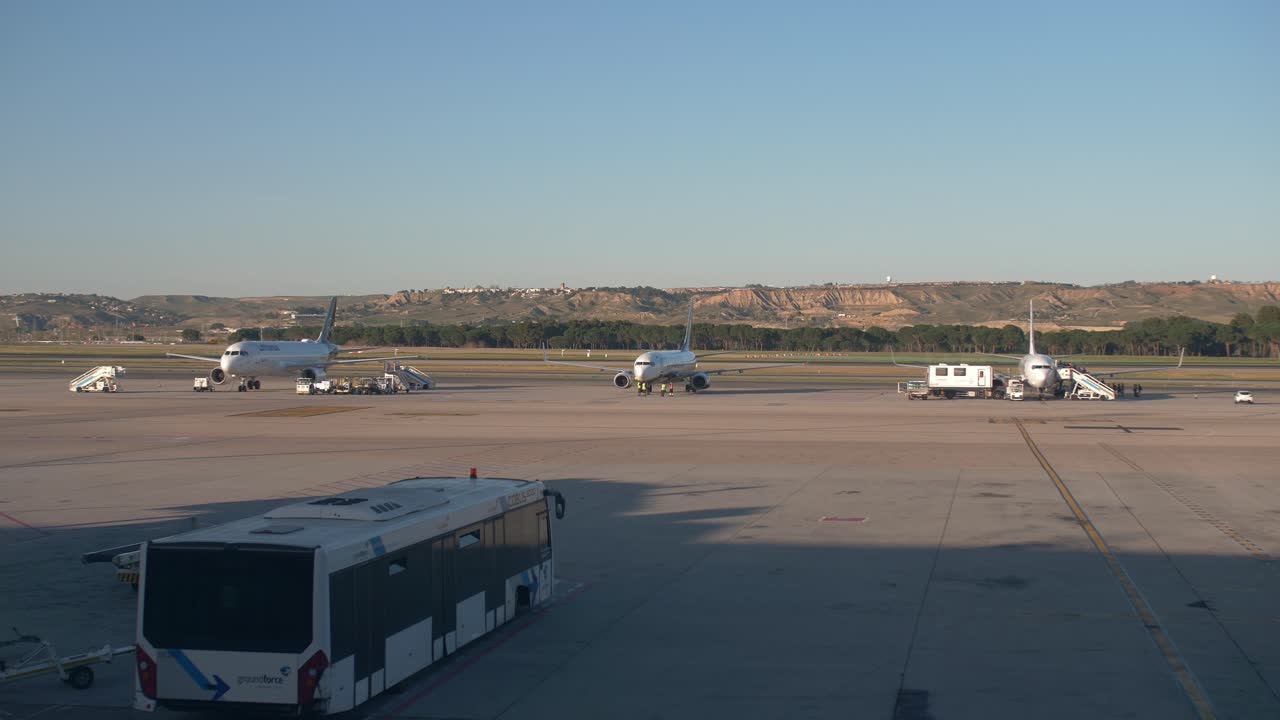 Closer shot of Aircrafts boarding and loading luggage with an airplane is landing in the back