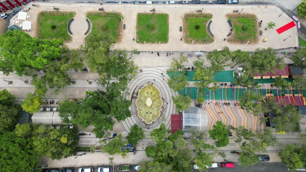 Aerial rising view from view point São Pedro de Alcantara.A place to observe Lisbon and a place where many parties take place, being one of the attractions of Lisbon's nightlifeLisbon,Portugal