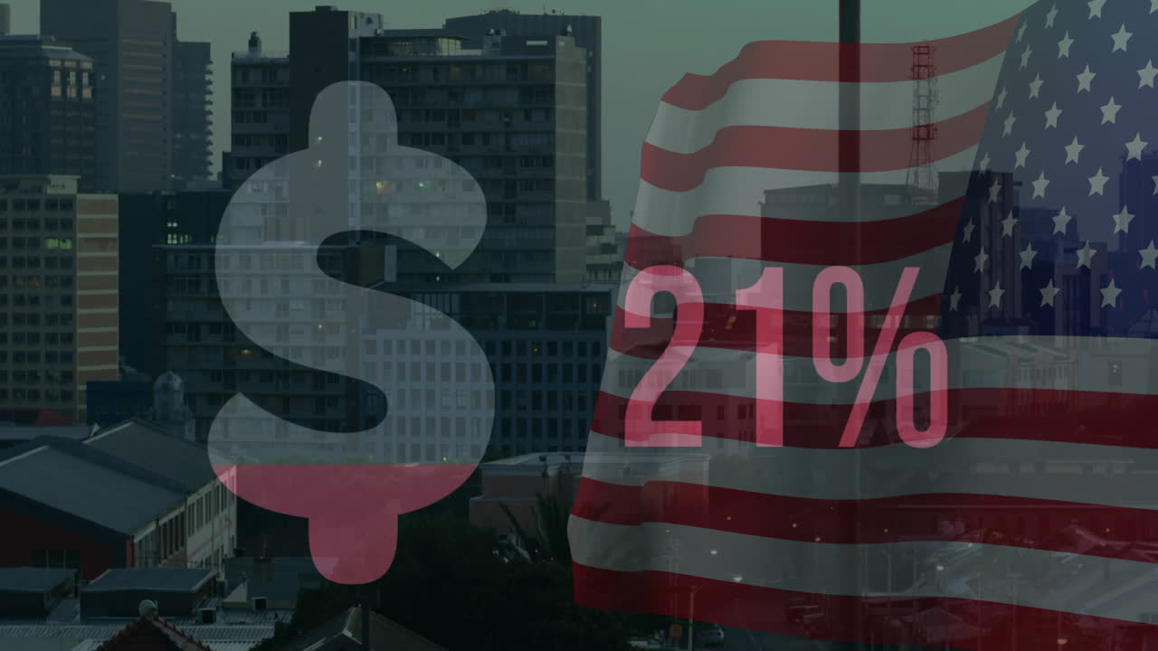 Dollar sign and 21% text animation over cityscape with American flag