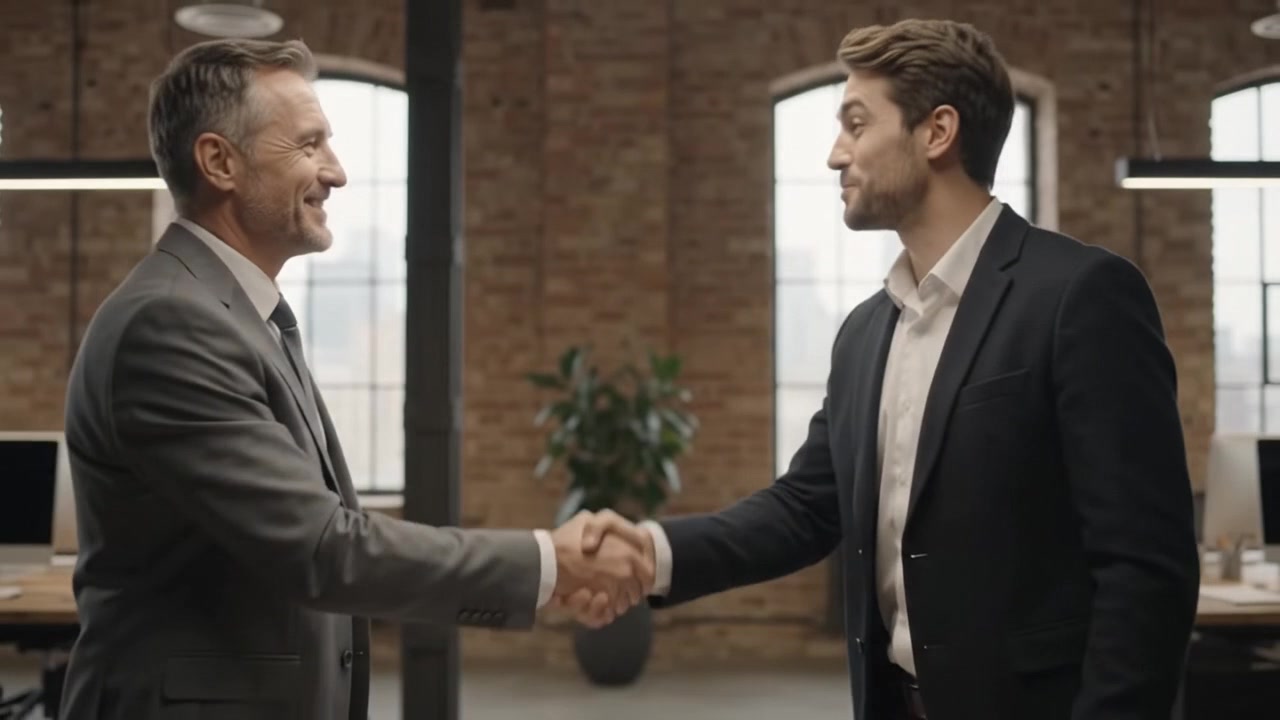 Two Businessmen Shaking Hands in a Modern Office