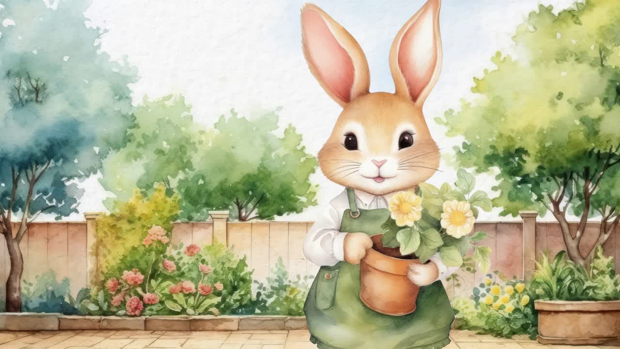 Entzückendes Aquarell eines Hasen in Latzhose, der Blumen hält, in einem Garten