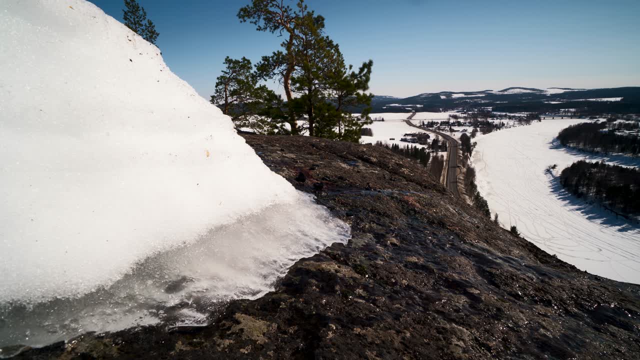 Timelapse of a winterlandscape and melting ice.
