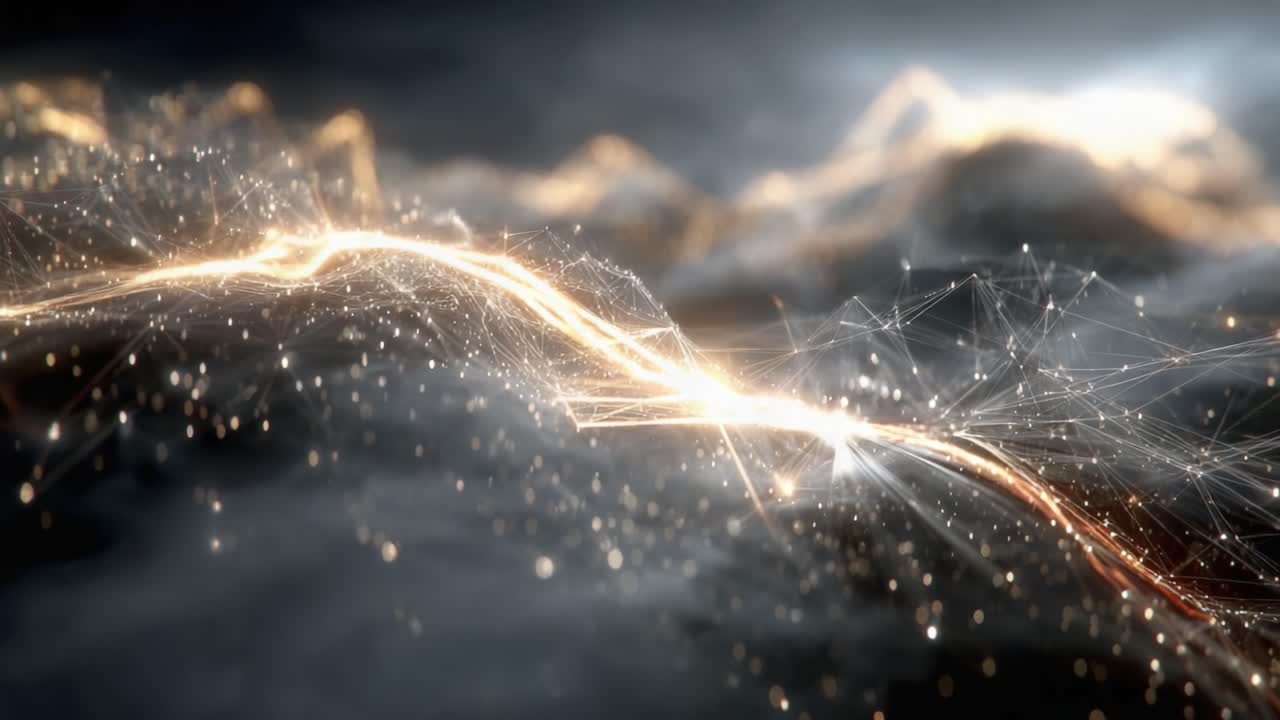 A Stunning Display of Abstract Light Patterns and Energetic Waves Creating a Mystical Atmosphere Amidst Ethereal Clouds and Sparkling Particles