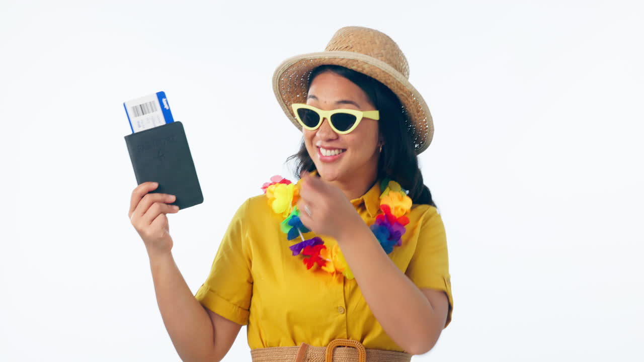 billete pasaporte, emocionado y danza de la mujer