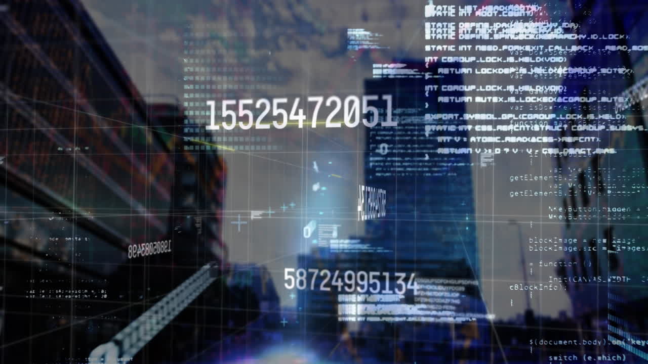 Animation of binary coding and data processing over cityscape
