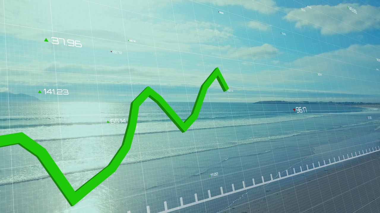 녹색 선의 애니메이션과 해상 풍경에 대한 금융 데이터 처리