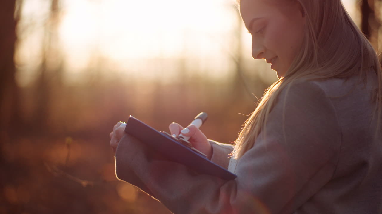 mujer dibujando en papel contra la puesta de sol