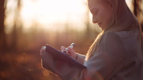 mujer dibujando en papel contra la puesta de sol