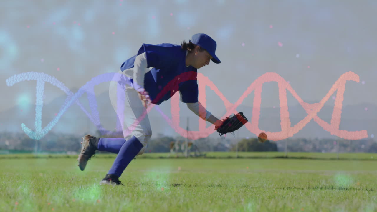 Baseball player catching ball with DNA strand animation in background