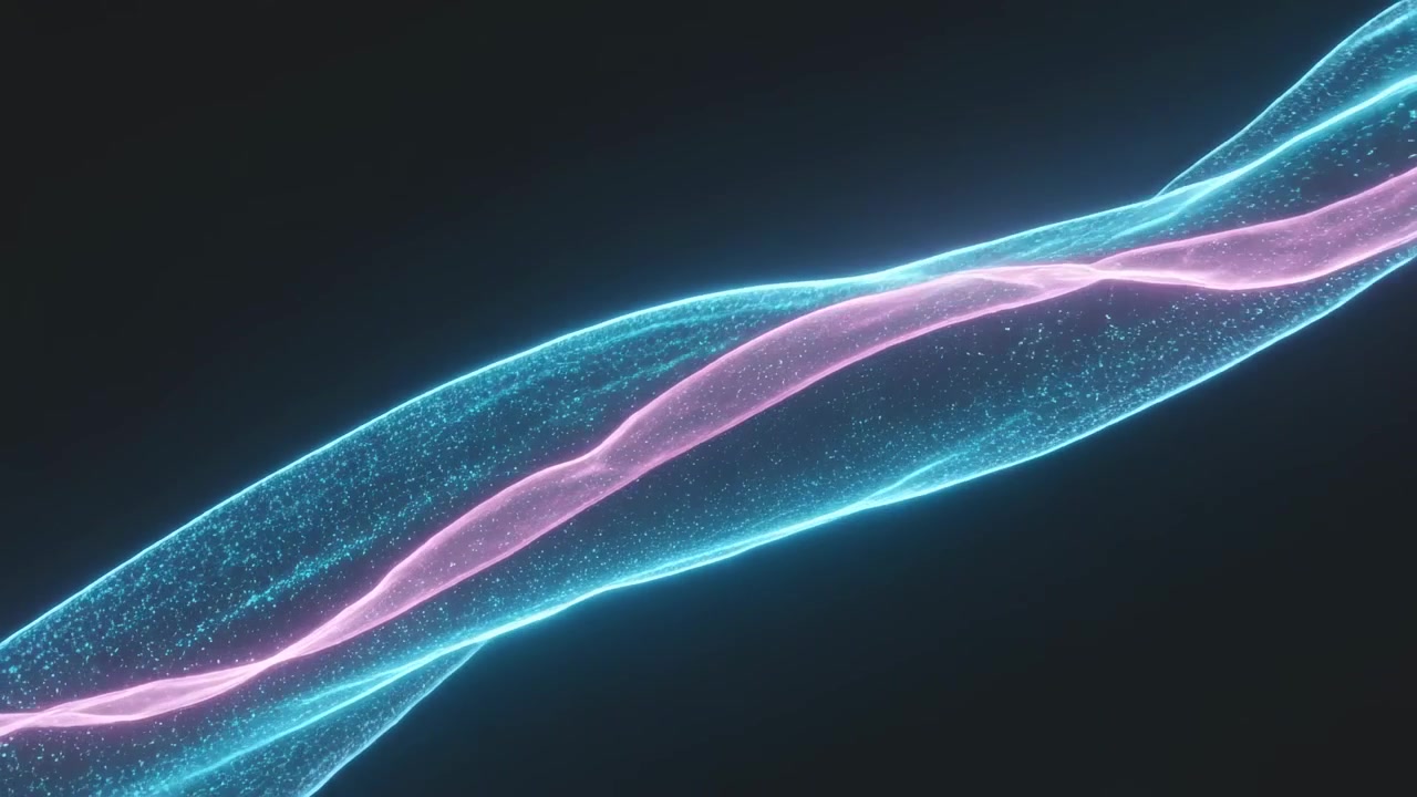 Nastri con guaina ciano ritorta e nucleo magenta che si incrociano al centro, scivolando attraverso un vuoto oscuro con particelle.