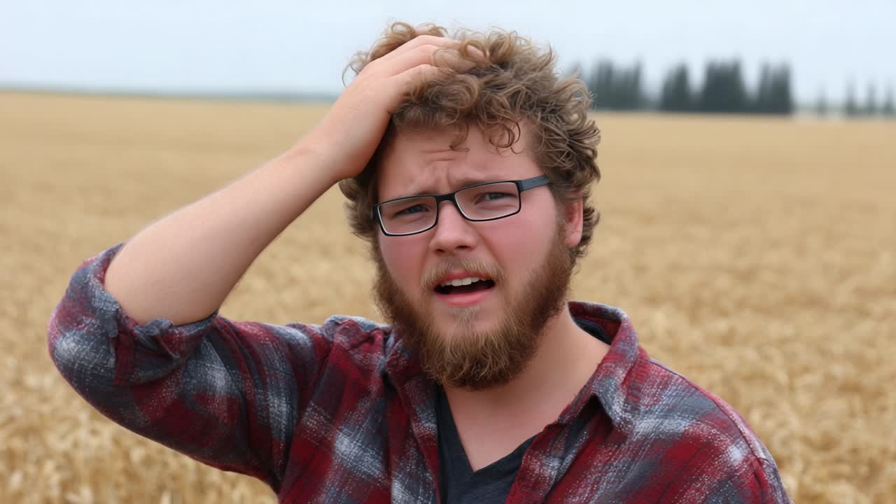 A Young Man in a Wheat Field Expresses Uncertainty and Concern, Capturing a Moment of Reflection Amidst a Rural Landscape