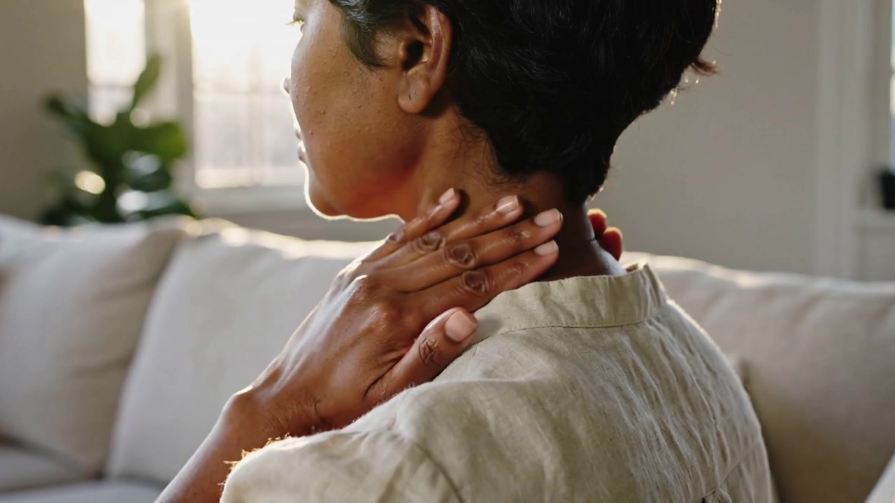 Alleviando la tensione al collo, una donna che indossa una camicia di lino si massaggia il collo sul divano del soggiorno, illuminata dalla luce del sole.