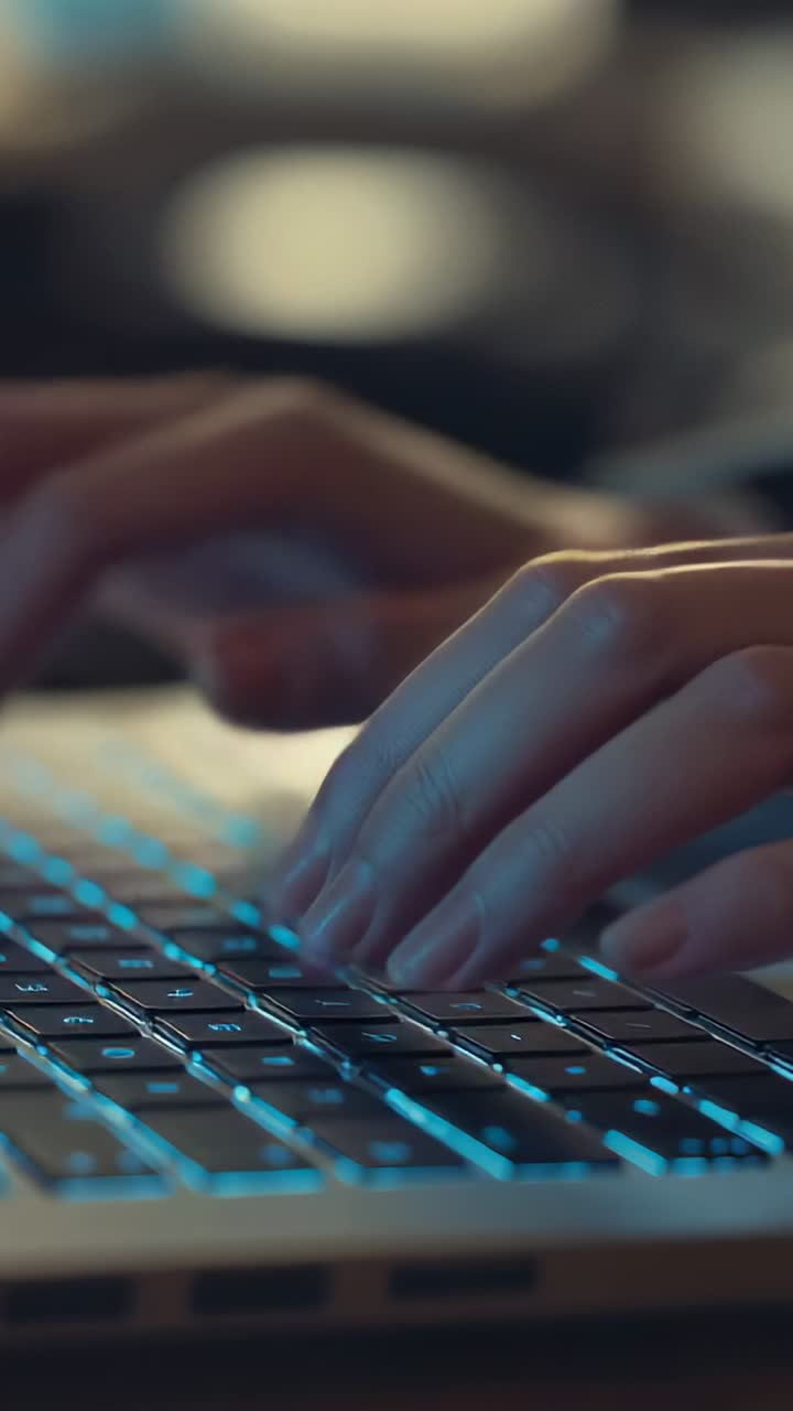 Vertical video: Positioning hands over laptop keys, typing text in workspace with backlit keyboard