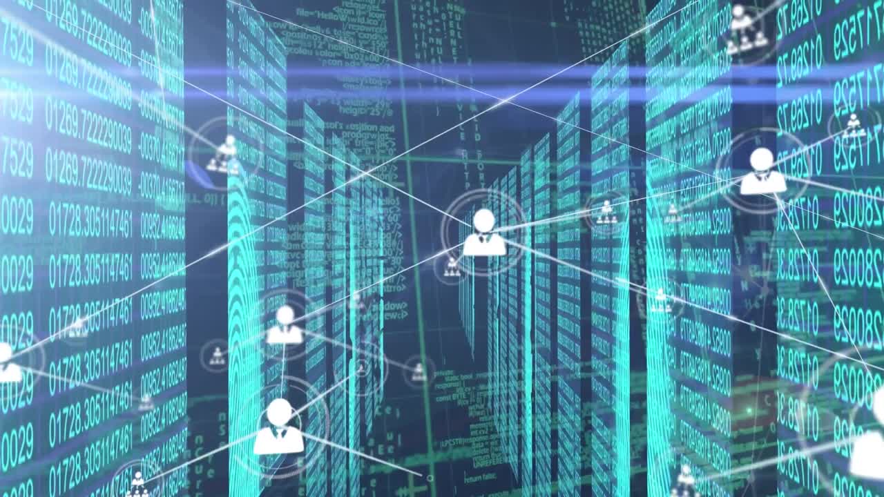 Animation of network of connections with icons over data processing