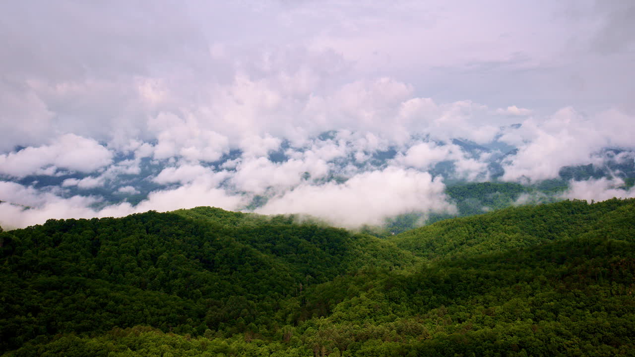 Foggy, moody drone shot of the Smoky landscape.