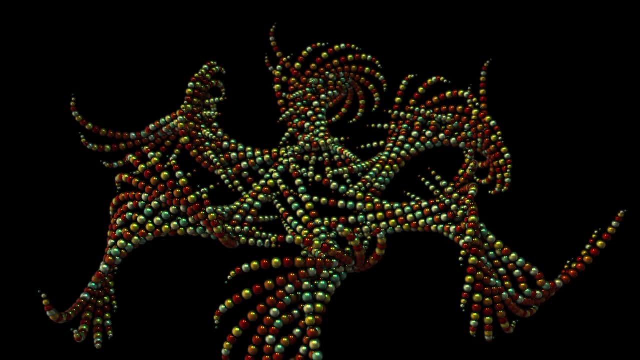 abstracción 3d de patrones multicolores de pequeñas cuentas que giran y flotan sobre el fondo negro. animación. decoraciones de cuentas 3d
