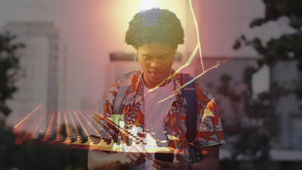 Floral shirted man using technology app, overlays flickering and receding as he walking and smiling