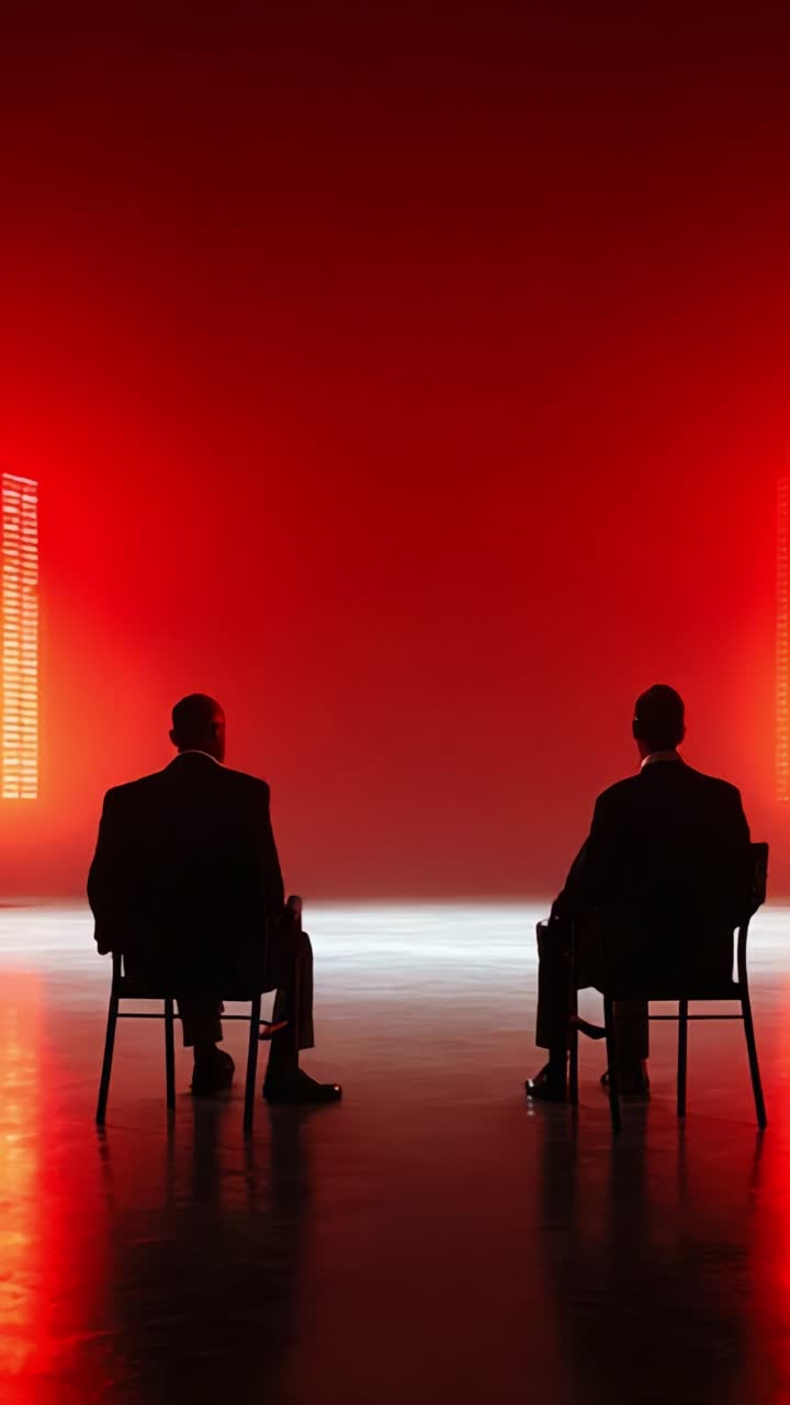 Two silhouettes seated in stark contrast against a vivid red backdrop, embodying an atmosphere of tension and mystery in a visually striking scene