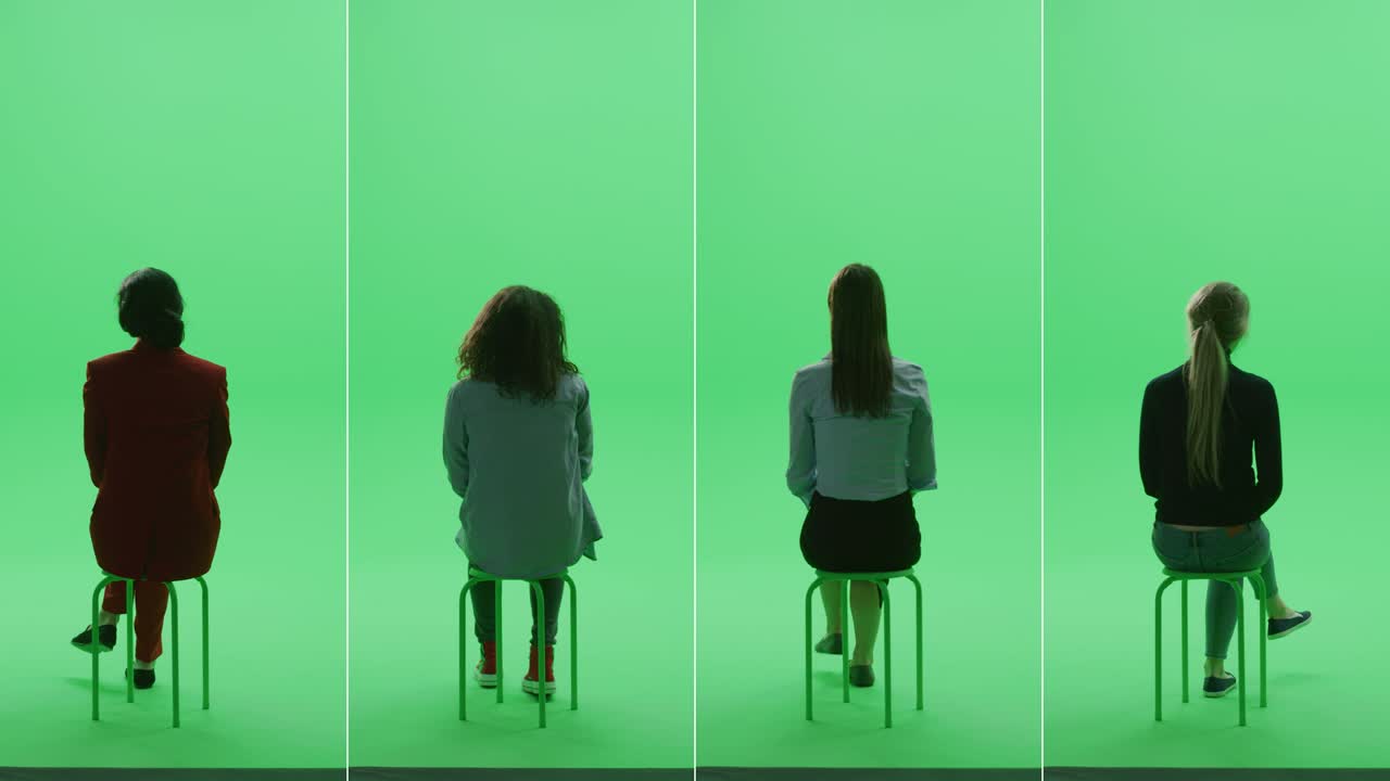 4 인 1 녹색 화면 콜라지: 다양한 배경, 민족, 나이, 스타일의 4 명의 아름다운 여성이 크로마 키 의자에 앉아 있습니다.